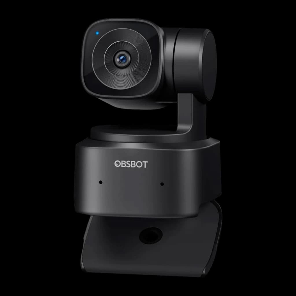 OBSBOT Webcam Tiny SE Full HD negro, vista en ángulo: soporte de clip inferior, LED azul encendido y cabezal PTZ