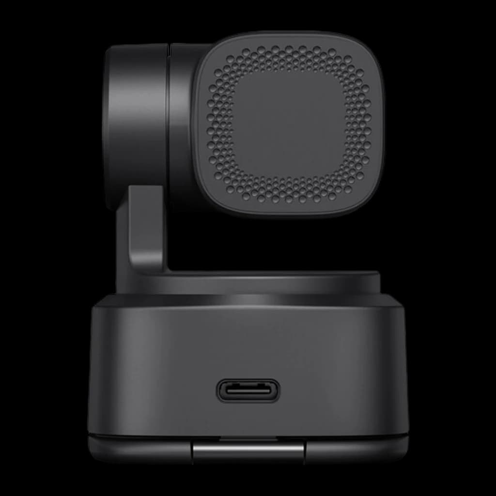 OBSBOT Webcam Tiny SE Full HD negro, vista trasera: rejilla de micrófono en cabezal y puerto USB-C en la base