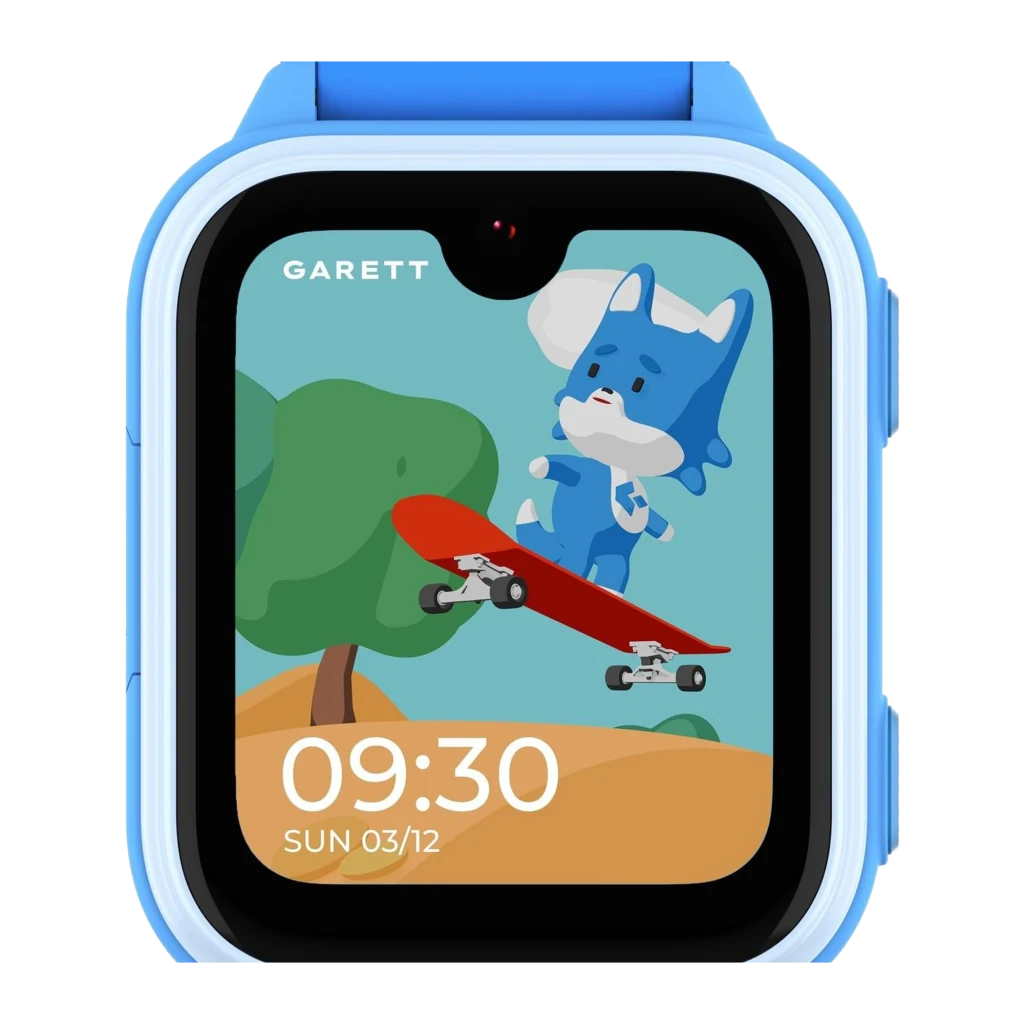 Garett Kids Vibe AI 4G 8GB azul, vista frontal: pantalla con mascota en patinete y hora 09:30 - Ítem3