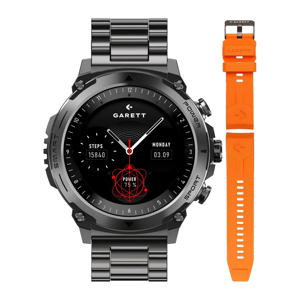 Garett Atom Sort Steel Smartwatch negro, vista frontal en ángulo: esfera negra con pasos, fecha y aguja roja, correa de - Ítem3