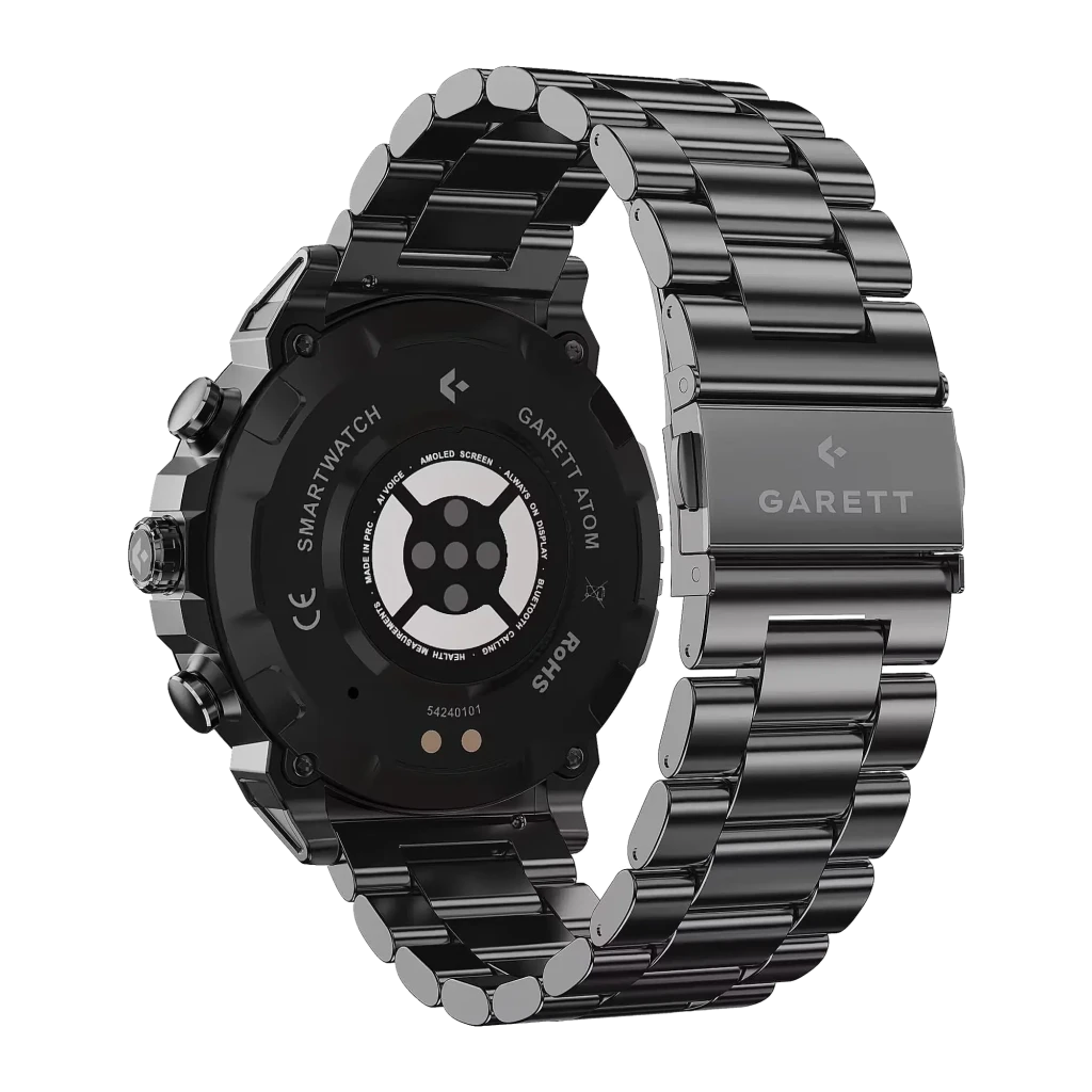 Garett Atom Sort Steel Smartwatch negro, vista frontal en ángulo: esfera negra con pasos, fecha y aguja roja, correa de - Ítem1