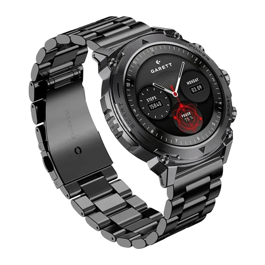Garett Atom Sort Steel Smartwatch negro, vista frontal en ángulo: esfera negra con pasos, fecha y aguja roja, correa de - Ítem2