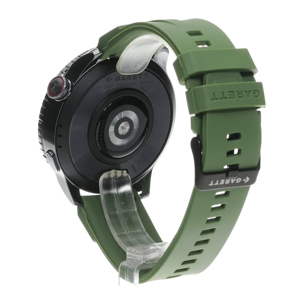 Garett COMPASS 48mm Verde Negro, vista frontal en ángulo: pantalla activa con hora, pasos y BPM, bisel GPS y correa verde - Ítem1