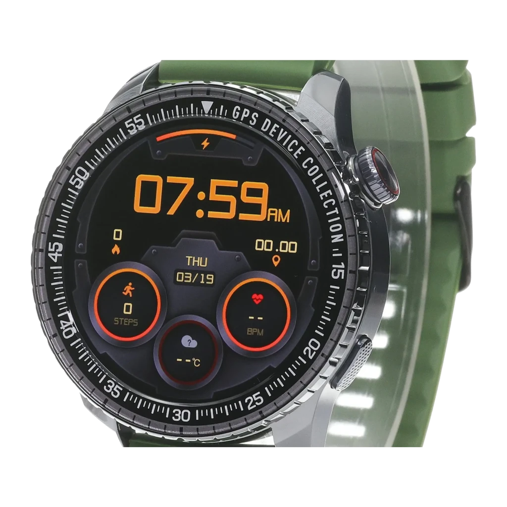 Garett COMPASS 48mm Verde Negro, vista frontal en ángulo: pantalla activa con hora, pasos y BPM, bisel GPS y correa verde - Ítem2