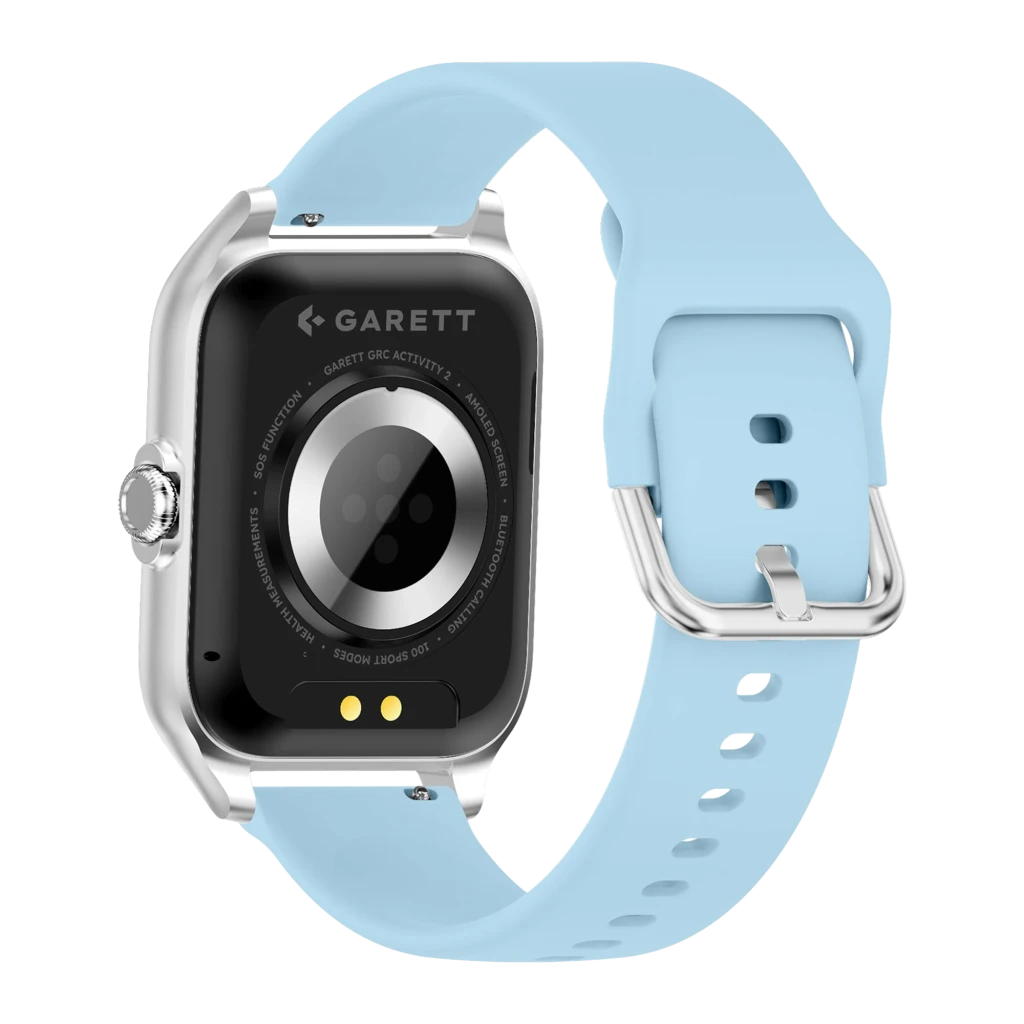 Garett GRC Activity 2 SmartWatch plateado mate, vista frontal en ángulo: esfera con tres diales, corona lateral y correa - Ítem1