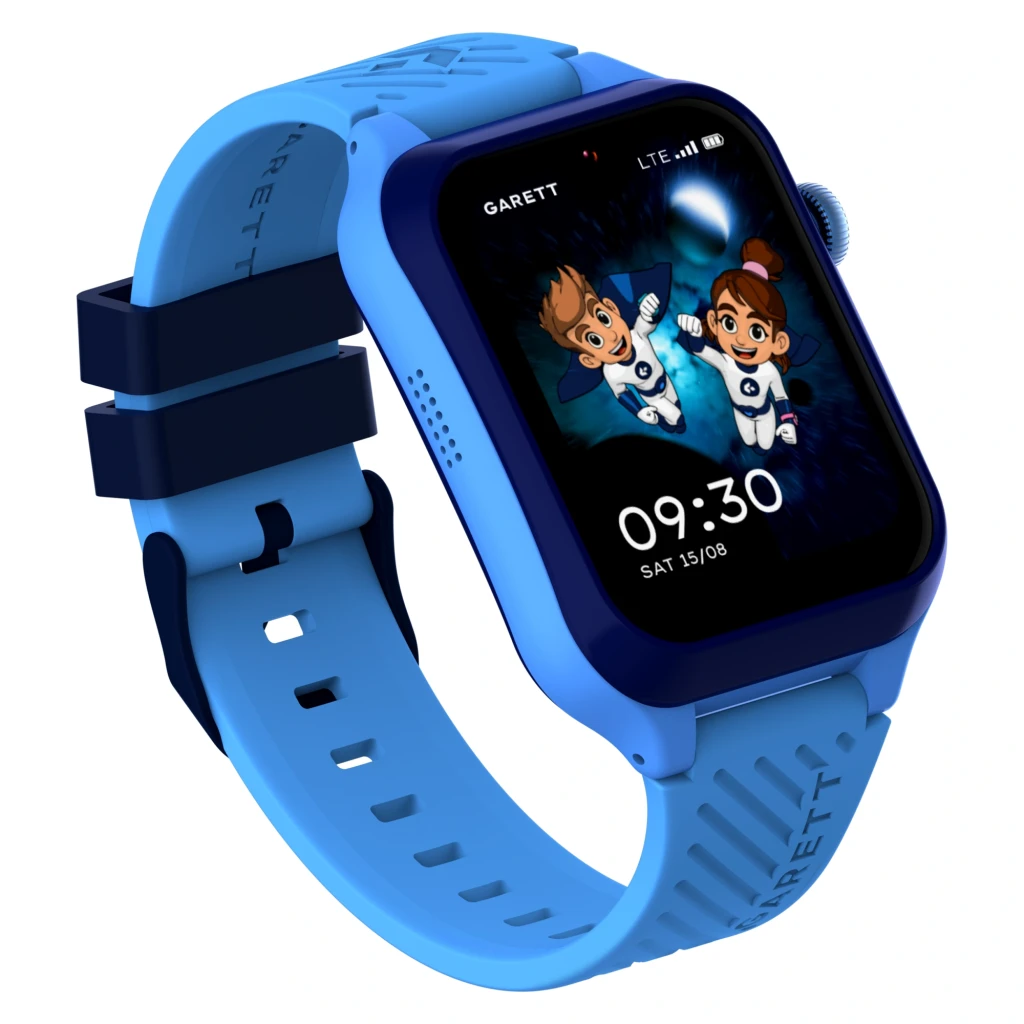 Garett Kids Essa 2 AI 4G 16GB bleu, vue de face en angle: écran avec personnages animés, heure 09:30 et bracelet en silicone - Ítem1