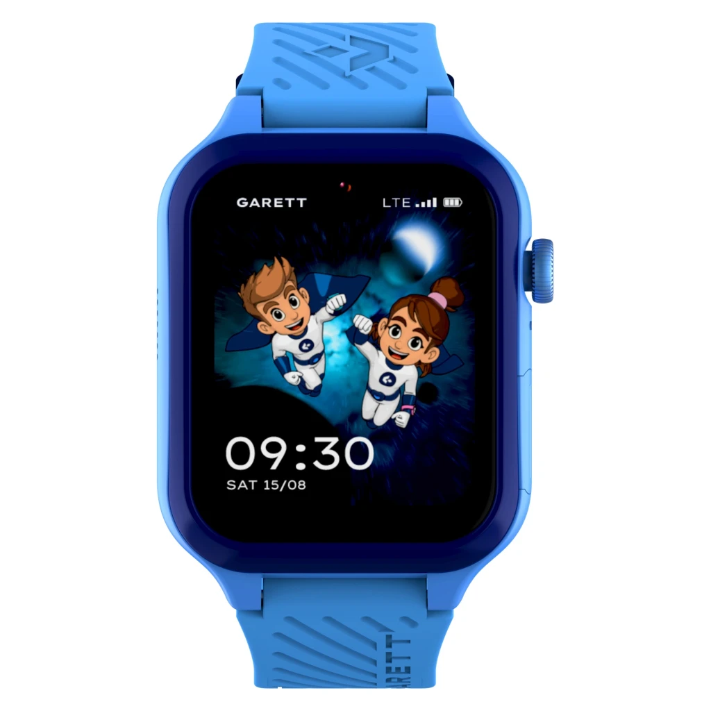 Garett Kids Essa 2 AI 4G 16GB bleu, vue de face en angle: écran avec personnages animés, heure 09:30 et bracelet en silicone - Ítem2