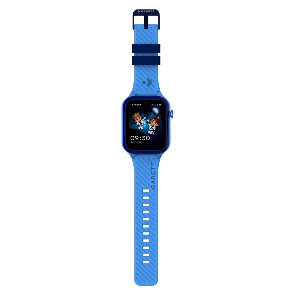 Garett Kids Essa 2 AI 4G 16GB bleu, vue de face en angle: écran avec personnages animés, heure 09:30 et bracelet en silicone - Ítem4