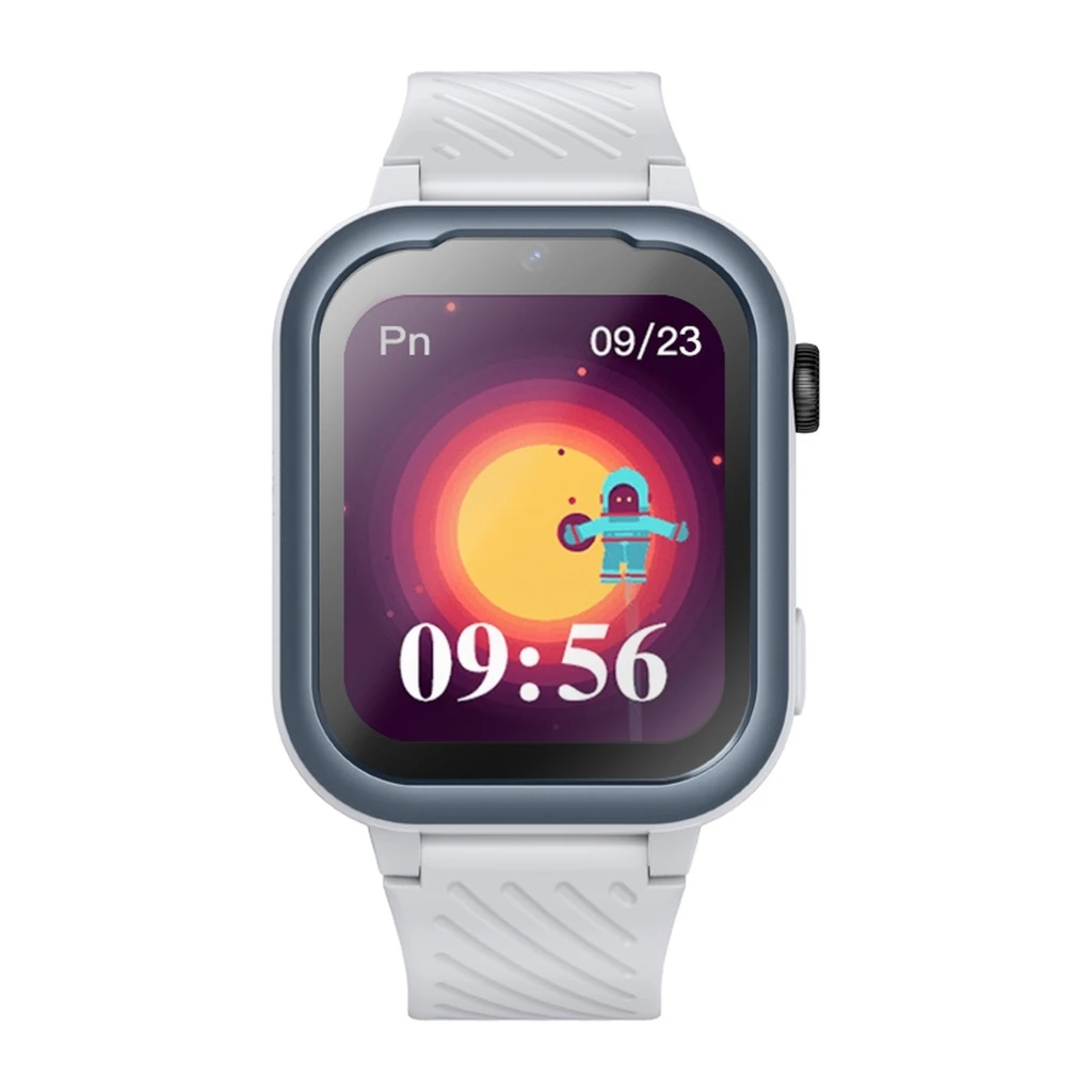 Garett Kids Essa 4G 48.8mm Blanc montre enfant avec écran couleur, boîtier arrondi gris, large heure 09:56 affichée, bracelet blanc texturé, caméra