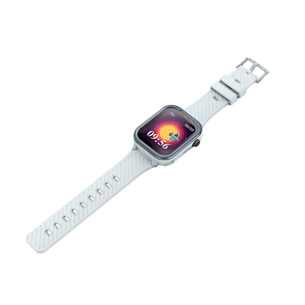 Garett Kids Essa 4G 48.8mm Blanc avec écran couleur carré, boîtier argenté, bracelet silicone rainuré, bouton SOS latéral et caméra intégrée
