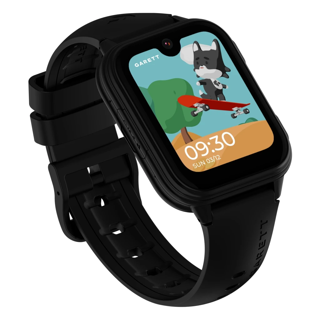 Garett Kids Vibe 4G 48.5mm 8GB noir, vue avant en angle: cadran enfant avec chien skateur, heure 09:30 et bouton SOS latéral - Ítem2
