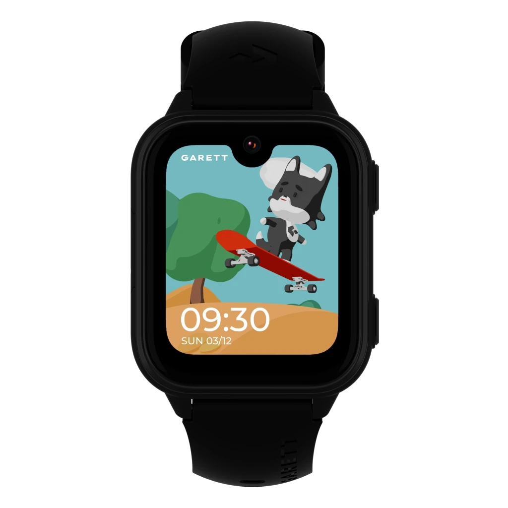 Garett Kids Vibe 4G 48.5mm 8GB noir, vue avant en angle: cadran enfant avec chien skateur, heure 09:30 et bouton SOS latéral - Ítem3