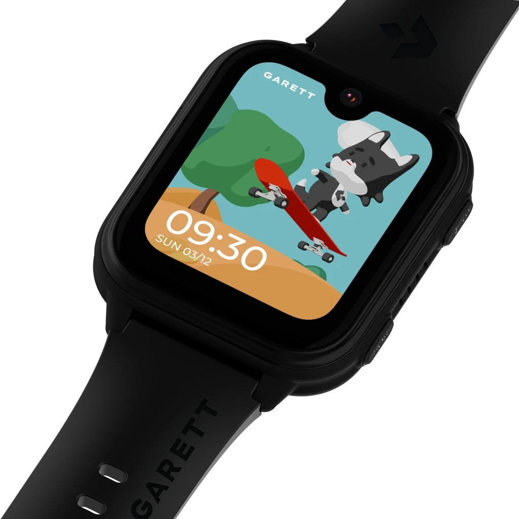 Garett Kids Vibe 4G 48.5mm 8GB noir, vue avant en angle: cadran enfant avec chien skateur, heure 09:30 et bouton SOS latéral - Ítem5