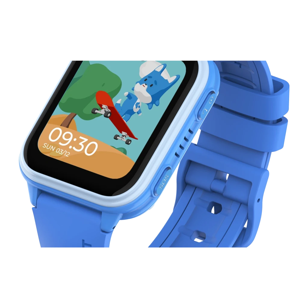 Garett Kids Vibe 4G 8GB azul, vista frontal en ángulo: pantalla con personaje animado en skate, hora 09:30 y correa de - Ítem1