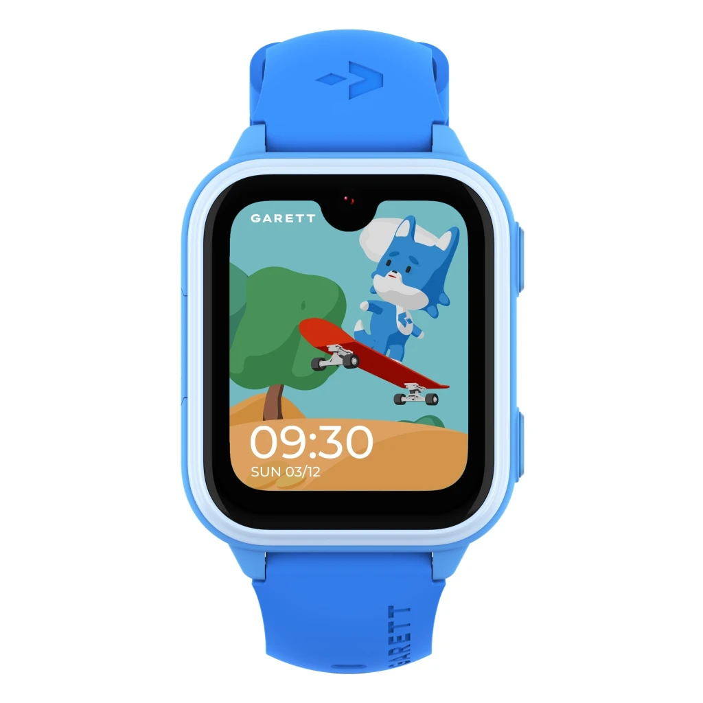 Garett Kids Vibe 4G 8GB bleu, vue de face en angle: écran avec personnage animé en skate, heure 09:30 et bracelet en silicone - Ítem1