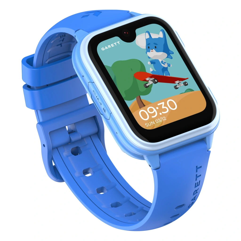 Garett Kids Vibe 4G 8GB bleu, vue de face en angle: écran avec personnage animé en skate, heure 09:30 et bracelet en silicone - Ítem2