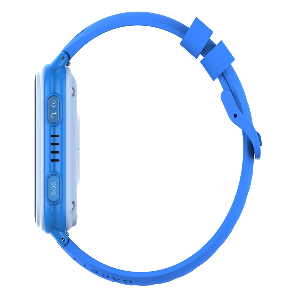Garett Kids Vibe 4G 8GB bleu, vue de face en angle: écran avec personnage animé en skate, heure 09:30 et bracelet en silicone - Ítem3