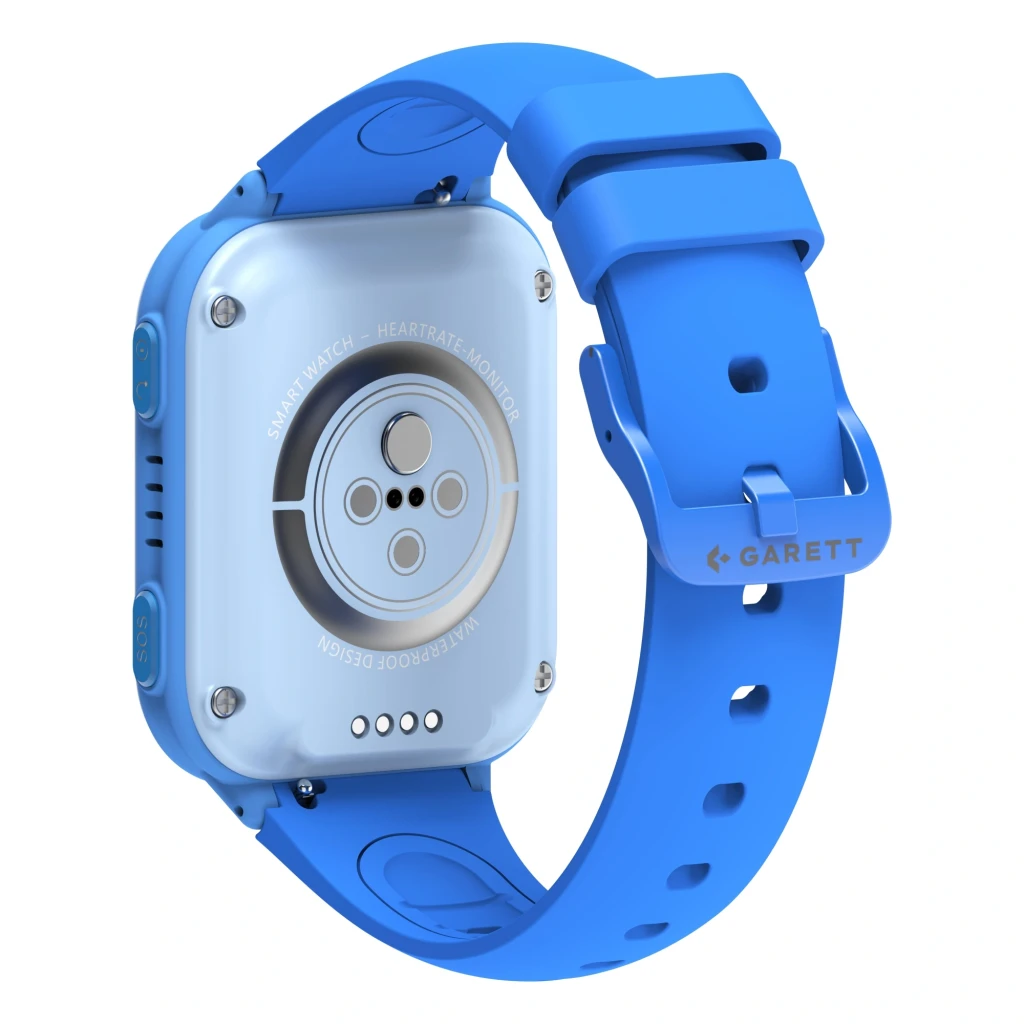 Garett Kids Vibe 4G 8GB bleu, vue de face en angle: écran avec personnage animé en skate, heure 09:30 et bracelet en silicone - Ítem4