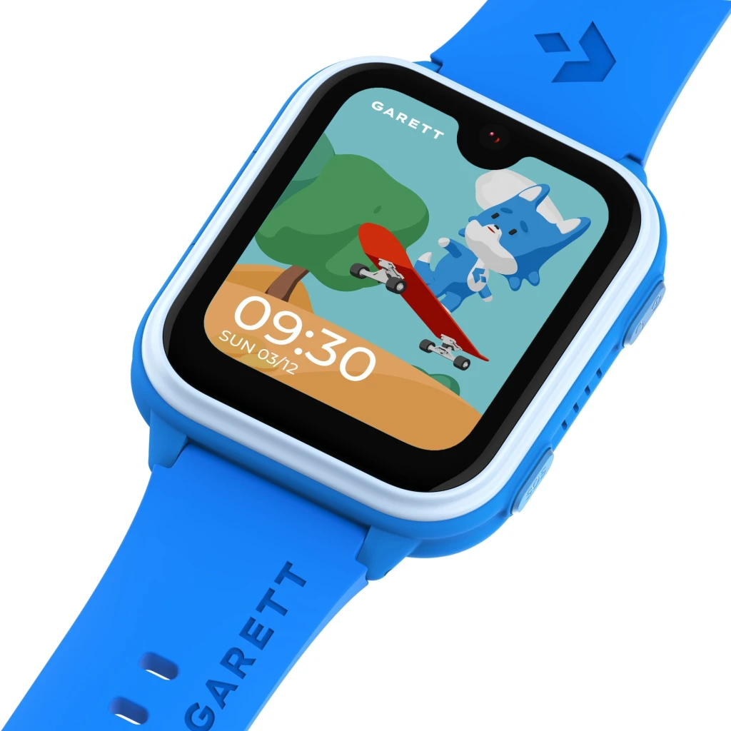 Garett Kids Vibe 4G 8GB bleu, vue de face en angle: écran avec personnage animé en skate, heure 09:30 et bracelet en silicone - Ítem5