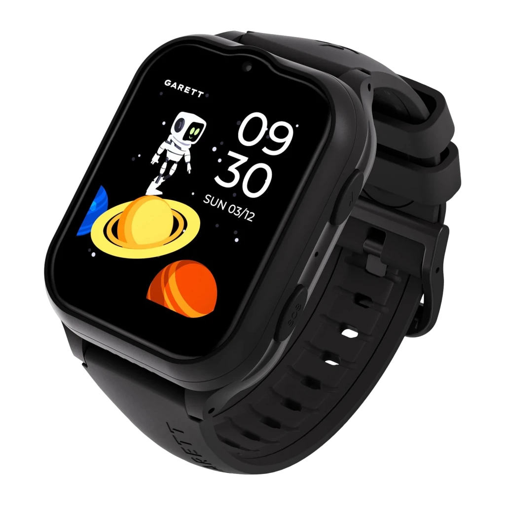 Garett Kids eSIM 4G Sort 8GB negro, vista frontal en ángulo: pantalla con esfera espacial, robot y hora 09:30 - Ítem1