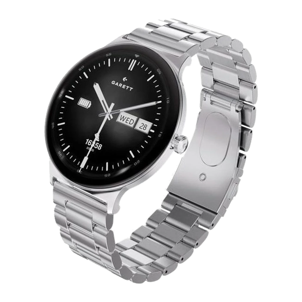 Garett Quantum 43 mm Plata Smartwatch, vista frontal: esfera negra con día, fecha y podómetro, correa metálica plateada - Ítem1