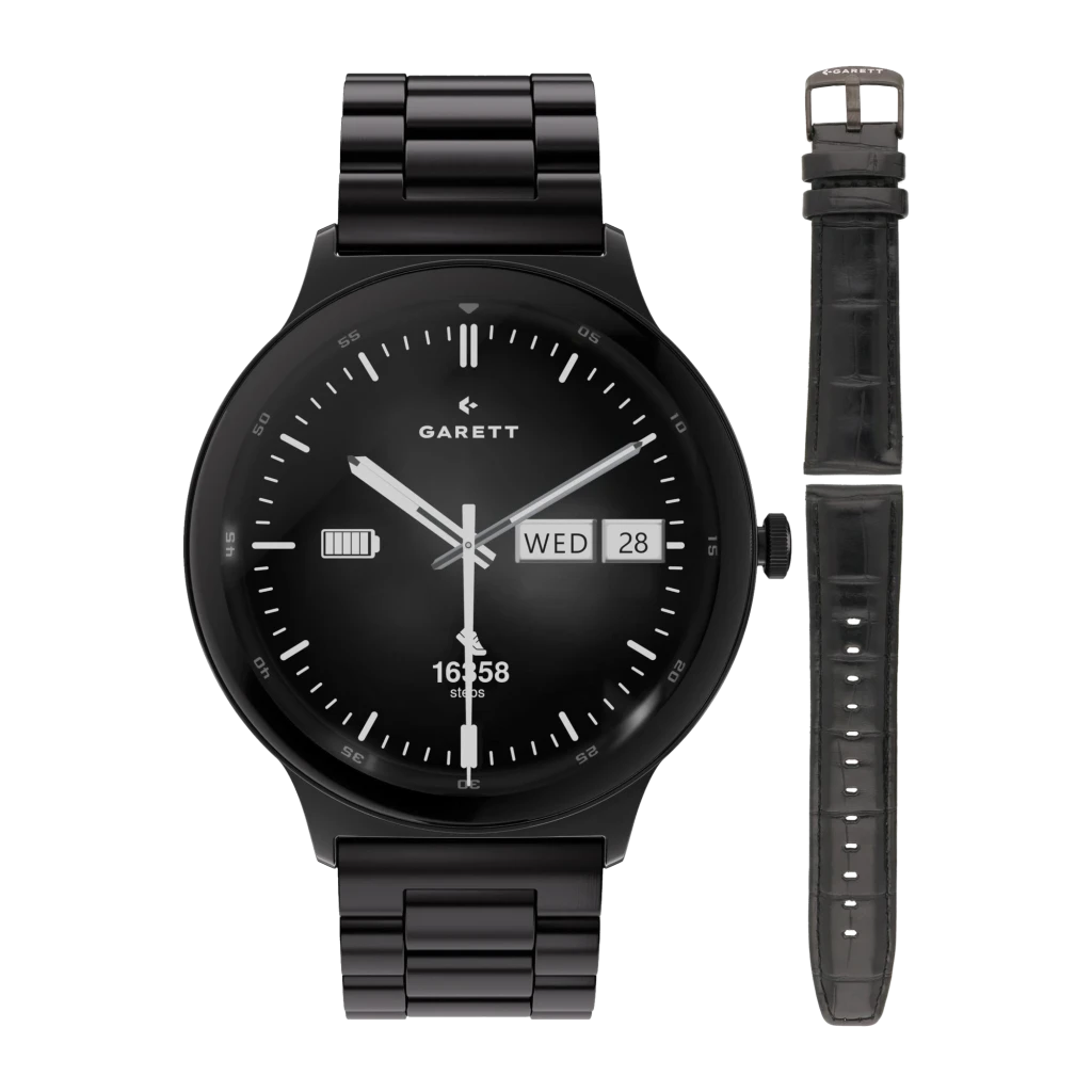 Garett Quantum 43mm negro, vista frontal: esfera analógica negra con día, fecha y contador de pasos - Ítem3