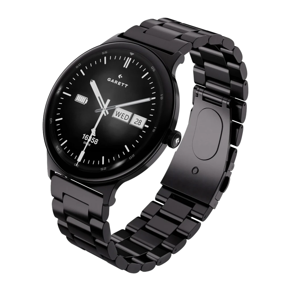 Garett Quantum 43mm negro, vista frontal: esfera analógica negra con día, fecha y contador de pasos - Ítem1