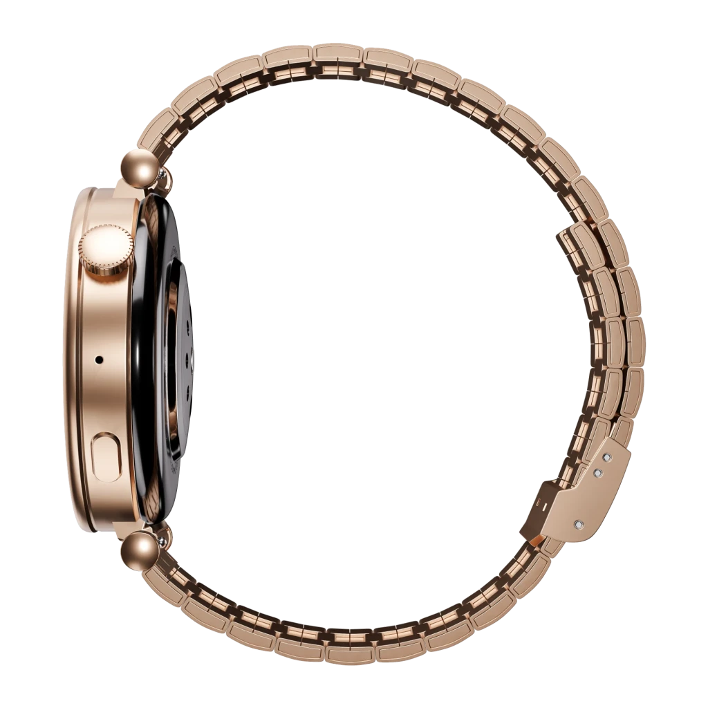 Garett Rose 42mm smartwatch rosa, vista trasera en ángulo: sensor de carga inductiva, logo Garett y correa metálica - Ítem1
