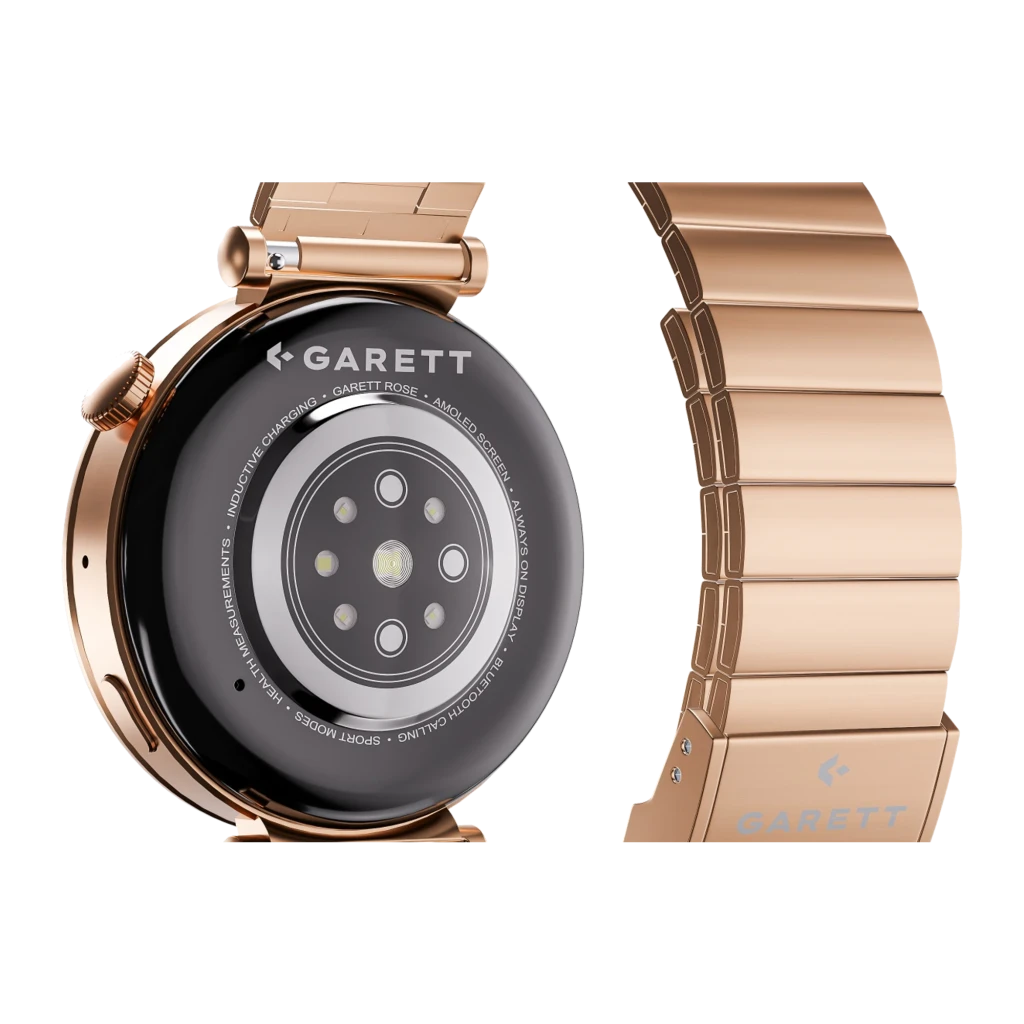 Garett Rose 42mm smartwatch rosa, vista trasera en ángulo: sensor de carga inductiva, logo Garett y correa metálica - Ítem2