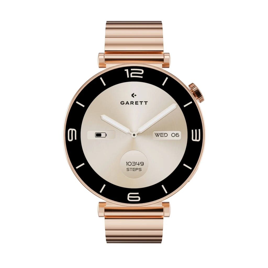 Montre connectée acier rose 42 mm, boîtier doré, lunette noire, cadran clair avec date et pas, bracelet métal poli, couronne latérale élégante