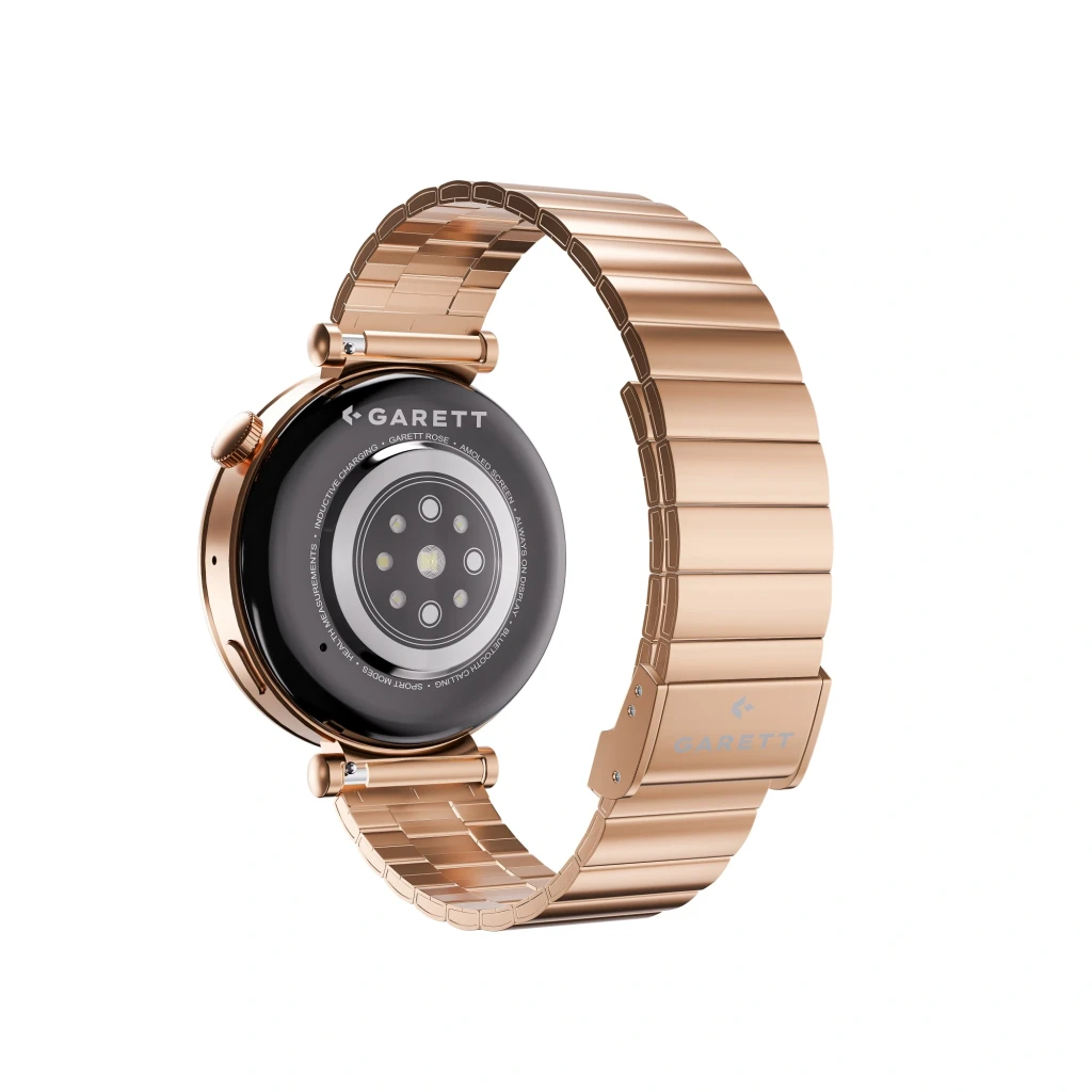 Garett Rose Gold Steel 42mm Doré avec boîtier rond, capteurs au dos, bracelet acier doré à maillons, fermoir gravé Garett, design élégant connecté