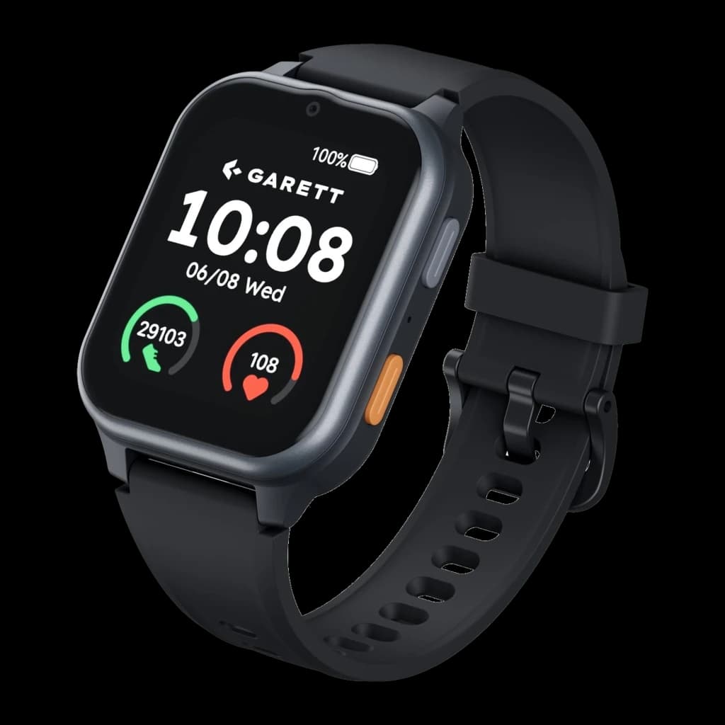 Garett Smartwatch Vita 4G negro, vista frontal derecha: pantalla con hora, pasos y ritmo cardíaco, botón naranja lateral