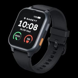 Garett Smartwatch Vita 4G negro, vista frontal derecha: pantalla con hora, pasos y ritmo cardíaco, botón naranja lateral