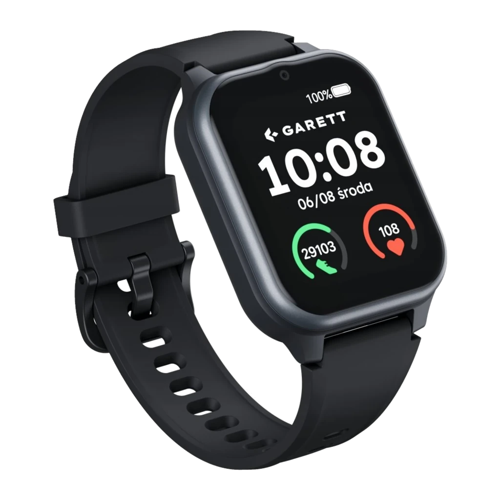 Garett Smartwatch Vita 4G noir, vue avant droite: écran avec heure, pas et fréquence cardiaque, bouton orange latéral visible - Ítem1