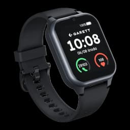 Garett Smartwatch Vita 4G negro, vista frontal izquierda: pantalla con hora y widgets de salud, correa y hebilla negras en