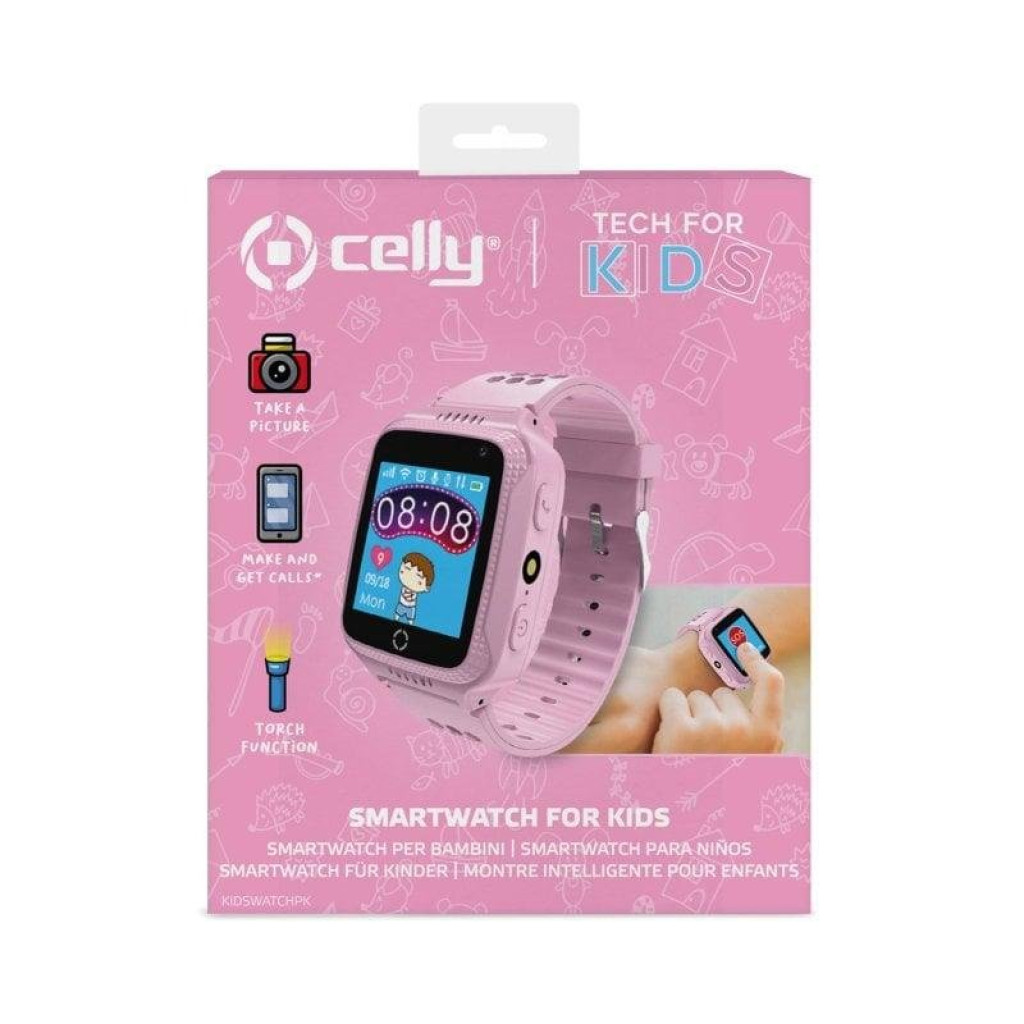 Celly KIDSWATCH rosa com ecrã 1,44, câmera frontal, botão SOS, GPS integrado e pulseira ajustável; interface infantil colorida com ícones grandes
