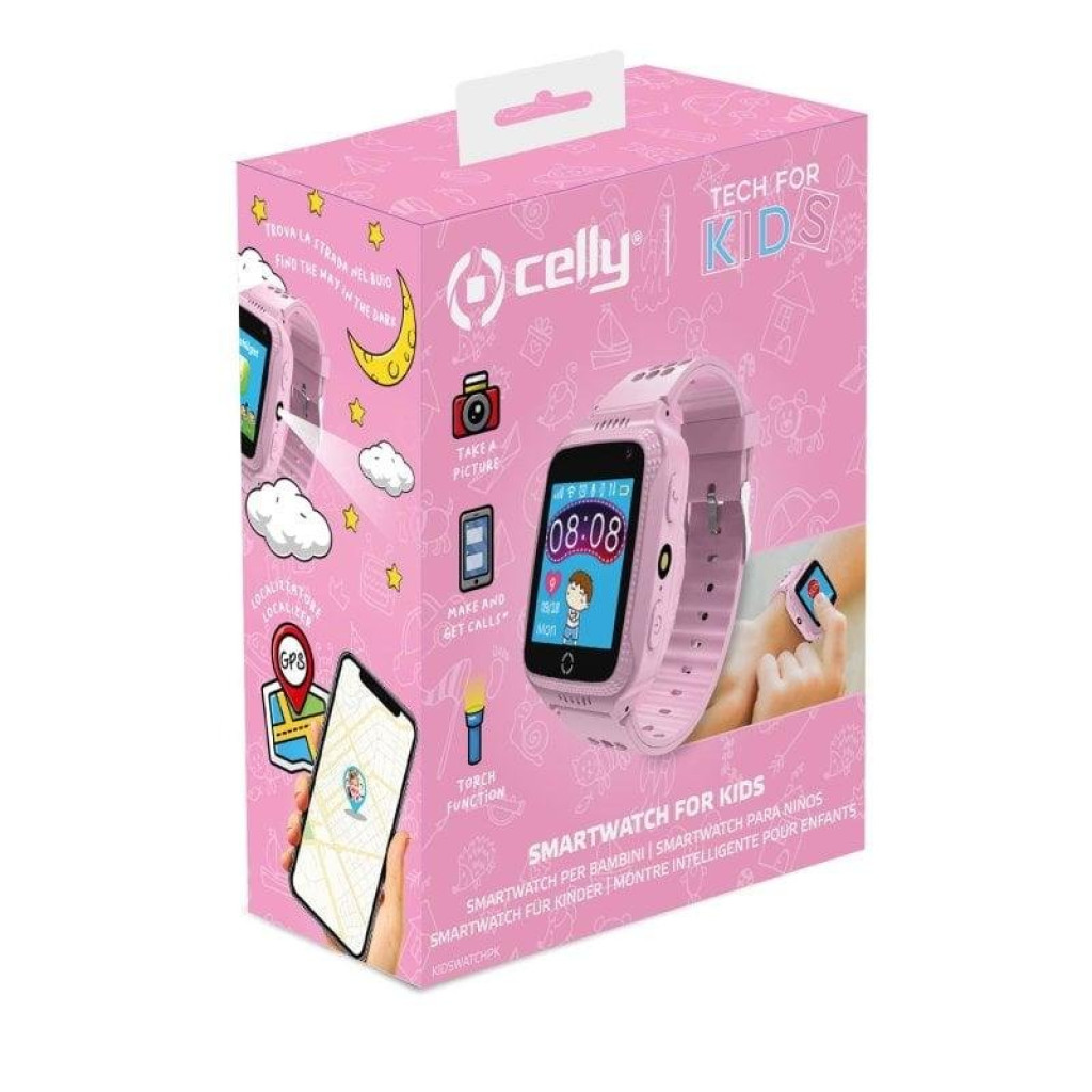 Celly KIDSWATCH rosa 1,44 pol com ecrã tátil, câmara integrada, botão SOS e GPS; pulseira ajustável e design infantil com ícones coloridos na caixa