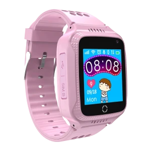 Celly Smartwatch for Kids 32GB rosa, vista frontal en ángulo: pantalla con hora, correa rosa y botones laterales visibles