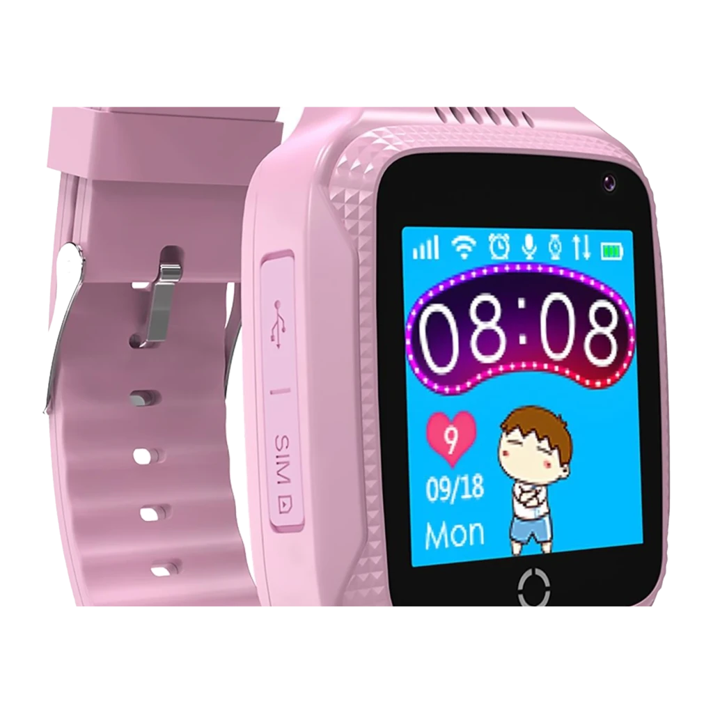 Celly Smartwatch for Kids 32GB rosa, vista frontal en ángulo: pantalla con hora, correa rosa y botones laterales visibles - Ítem1