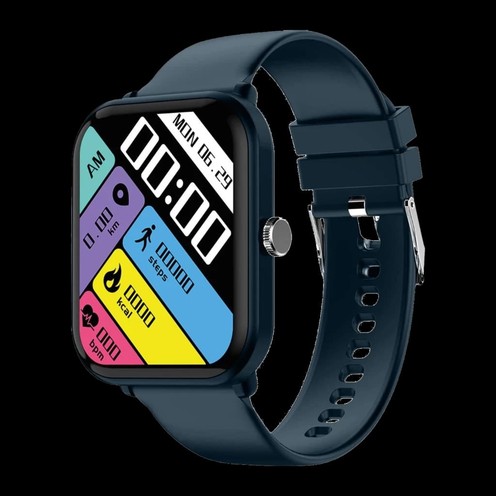 Celly Smartwatch 500 Collection azul, vista em ângulo: ecrã colorido com hora, passos, kcal e bpm, bracelete silicone e