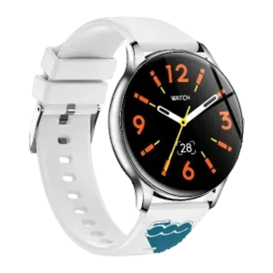 Lotus 500 Collection Smartwatch blanco, vista frontal en ángulo: caja redonda plateada, correa blanca y esfera negra con