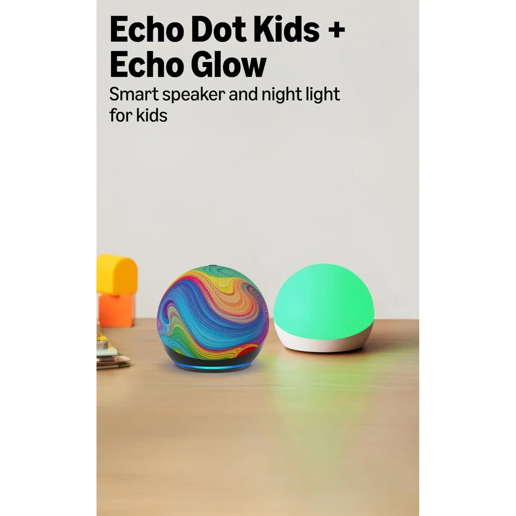 Enceinte Alexa pour enfants avec motif arc-en-ciel vibrant et veilleuse Echo Glow sphérique vert lumineux, design ludique pour chambre d’enfant
