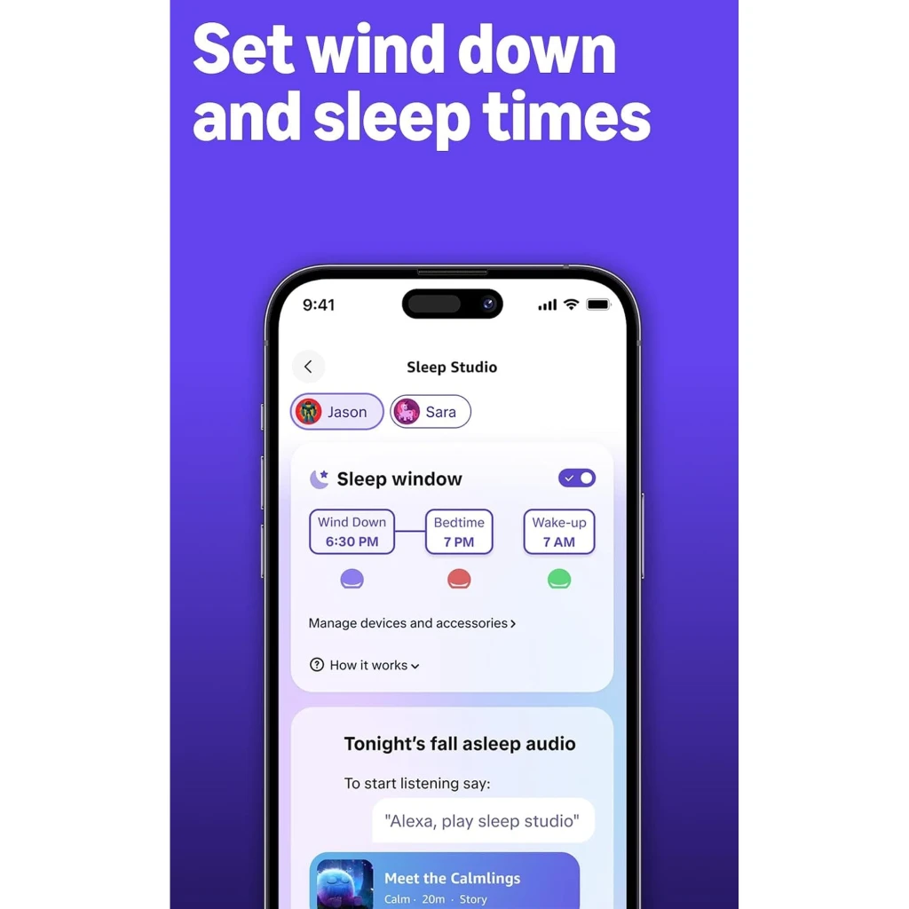 Écran iPhone affichant Sleep Studio: profils dutilisateur, fenêtre de sommeil 18 h 30 à 7 h, réglages Alexa, aperçu audio du soir et applis Calm Kids