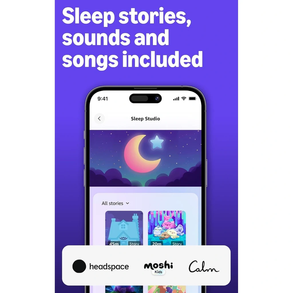Écran de l’appli montrant Sleep Studio pour enfants avec lune et étoiles, contes et sons inclus, logos Headspace, Moshi Kids et Calm affichés