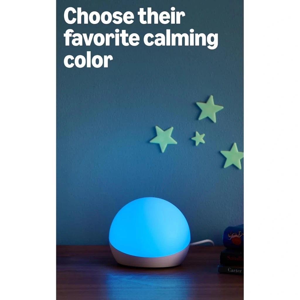 Lampe sphérique bleue posée sur une table en bois, base blanche, cordon visible, mur bleu avec étoiles phosphorescentes vertes en arrière-plan