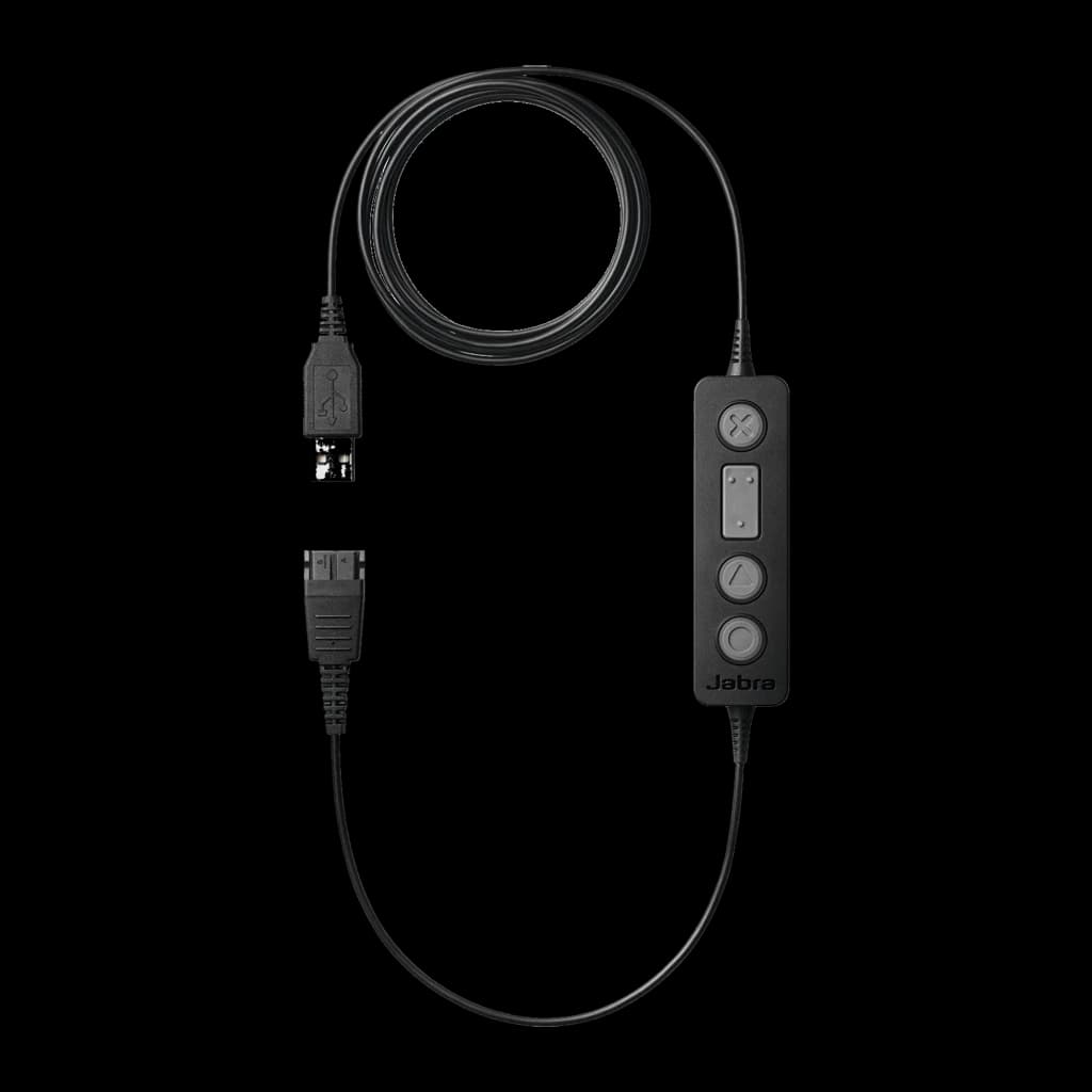 Jabra Adaptateur USB Link 260 Noir, vue de face: câble enroulé, connecteur USB, prise QD et télécommande inline avec boutons
