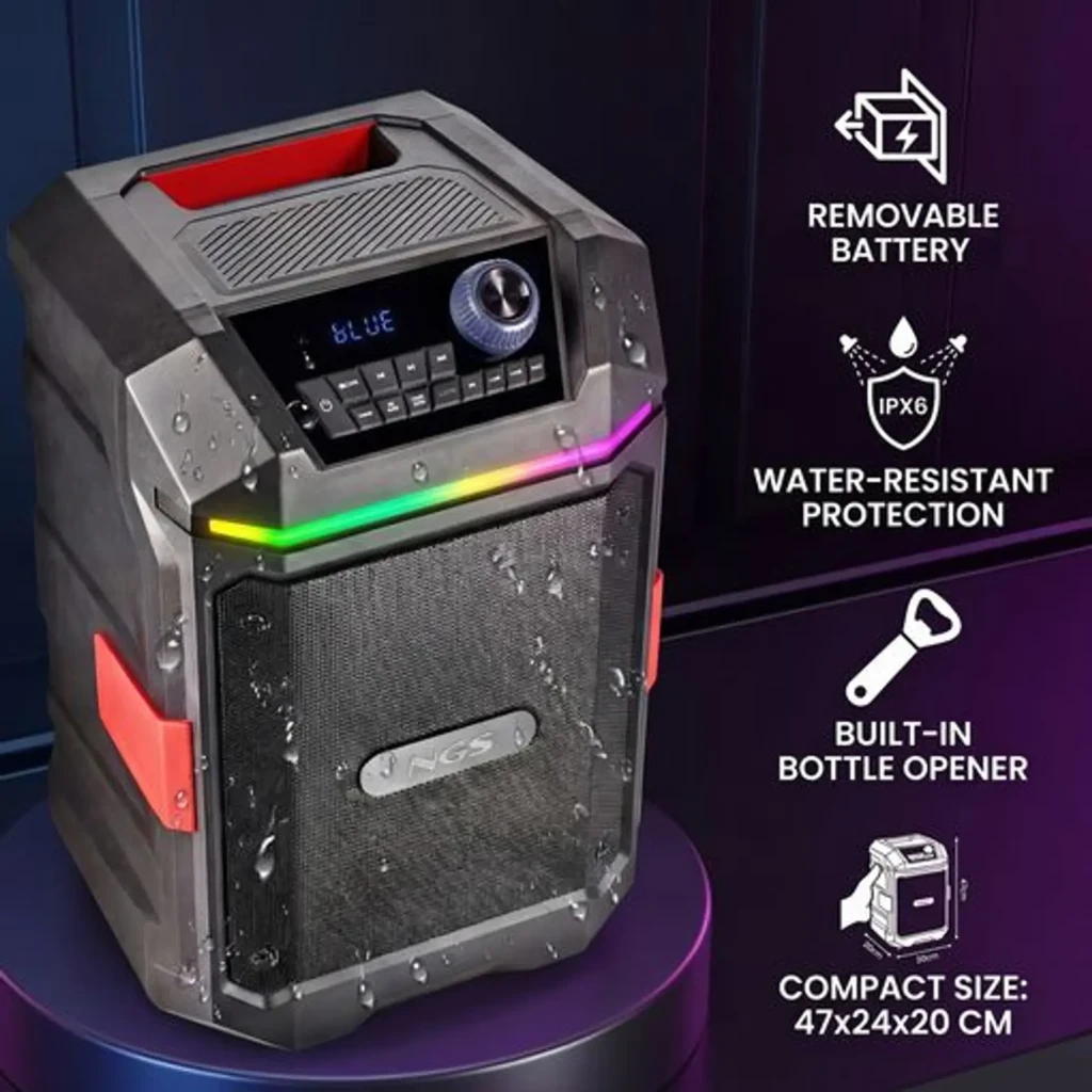 Coluna NGS Wild Bash Compact IPX6, 40W, luz LED frontal, grelha metálica NGS, pega vermelha, botões e mostrador no topo, formato portátil robusto