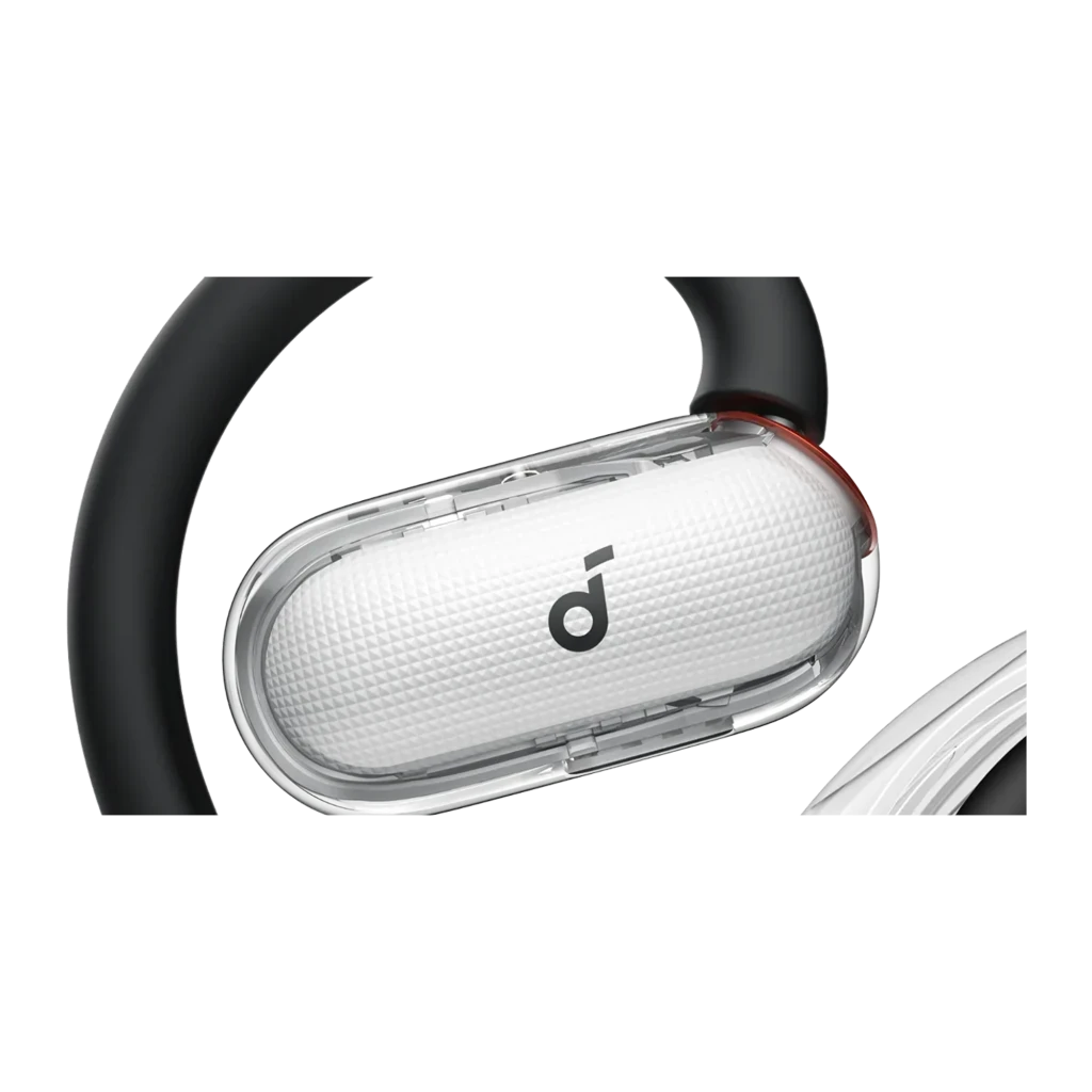 Anker Soundcore V40i Blanc, gros plan: capsule blanche à texture quadrillée, logo Soundcore et crochet noir - Ítem2