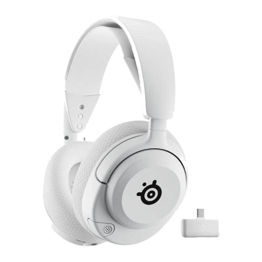 SteelSeries Arctis Nova 5P Wireless blanco, vista frontal: diadema flexible, almohadillas texturizadas y botón lateral - Ítem6