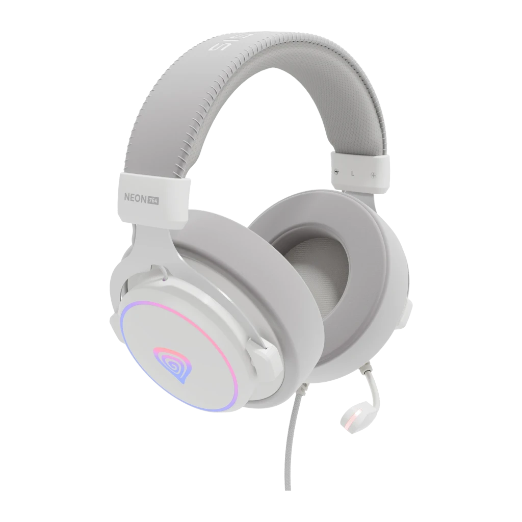 Genesis Neon 764 blanco, vista lateral derecha: iluminación RGB en auricular, micrófono flexible y logo Genesis - Ítem1
